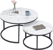 Happyment Luxe Salontafel wit - Marmour look - Set van 2 - Landelijk - Woonkamer - Zwart frame - Rond - 60 en 40cm