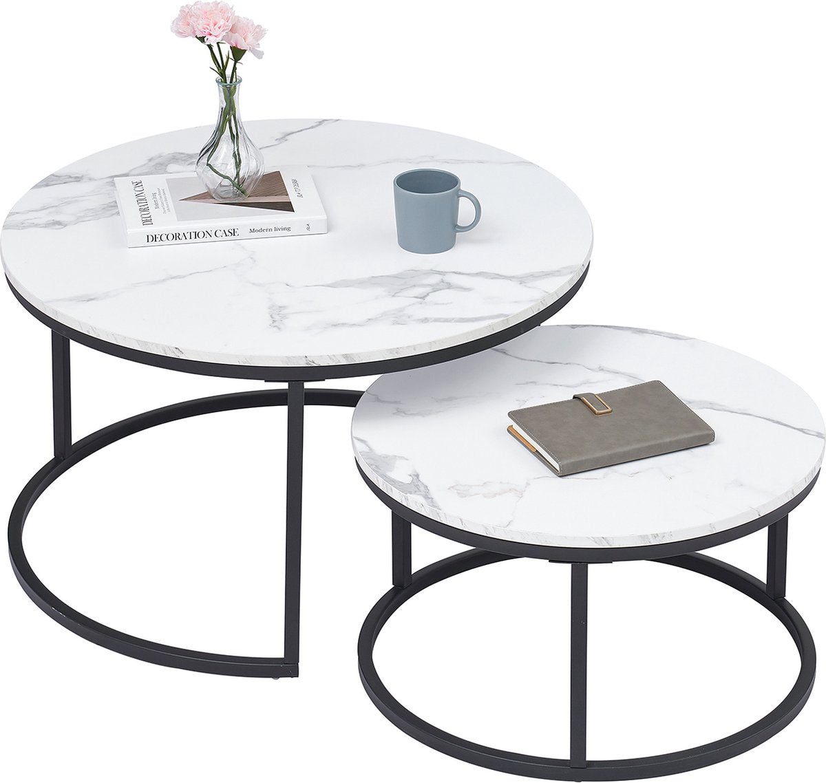 Happyment Luxe Salontafel wit - Marmour look - Set van 2 - Landelijk - Woonkamer - Zwart frame - Rond - 60 en 40cm