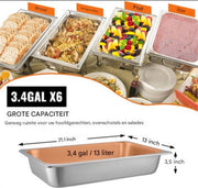 Warmhoudbakken 6 stuks - 13L - Voedselverwarmer - Luxe Stoomtafelpan - Roestvrij Staal - Chafing dish - voor Buffetwarmer - Warmhoudschalen
