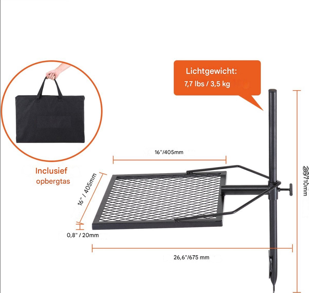Draaibare Grill - 41x41cm - Staal - 6 kg Draagvermogen - Inclusief Draagtas - Zwart