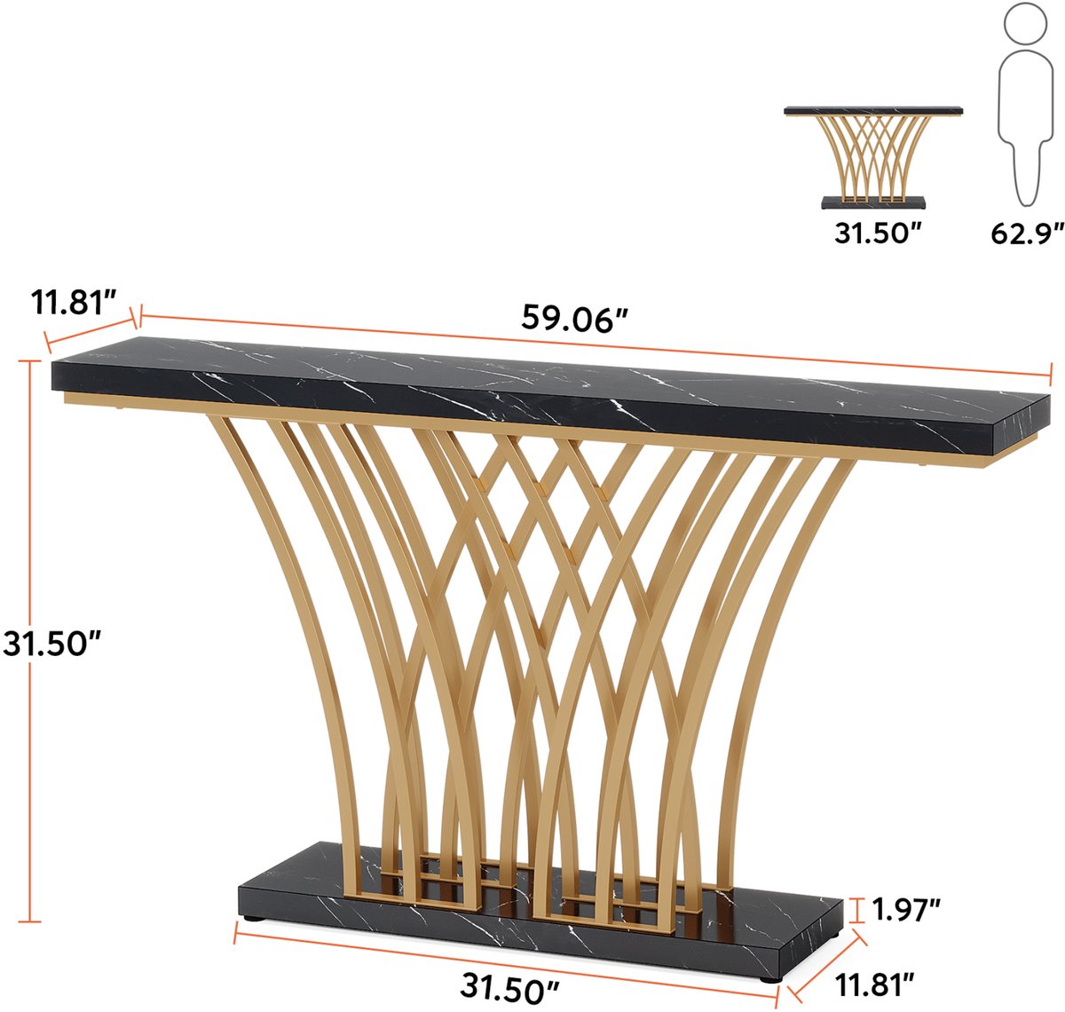 Consoletafel Novio - Goud - Sidetafel - Wandtafel - Haltafel - Zwart - Woonkamer - Zwart Marmerlook