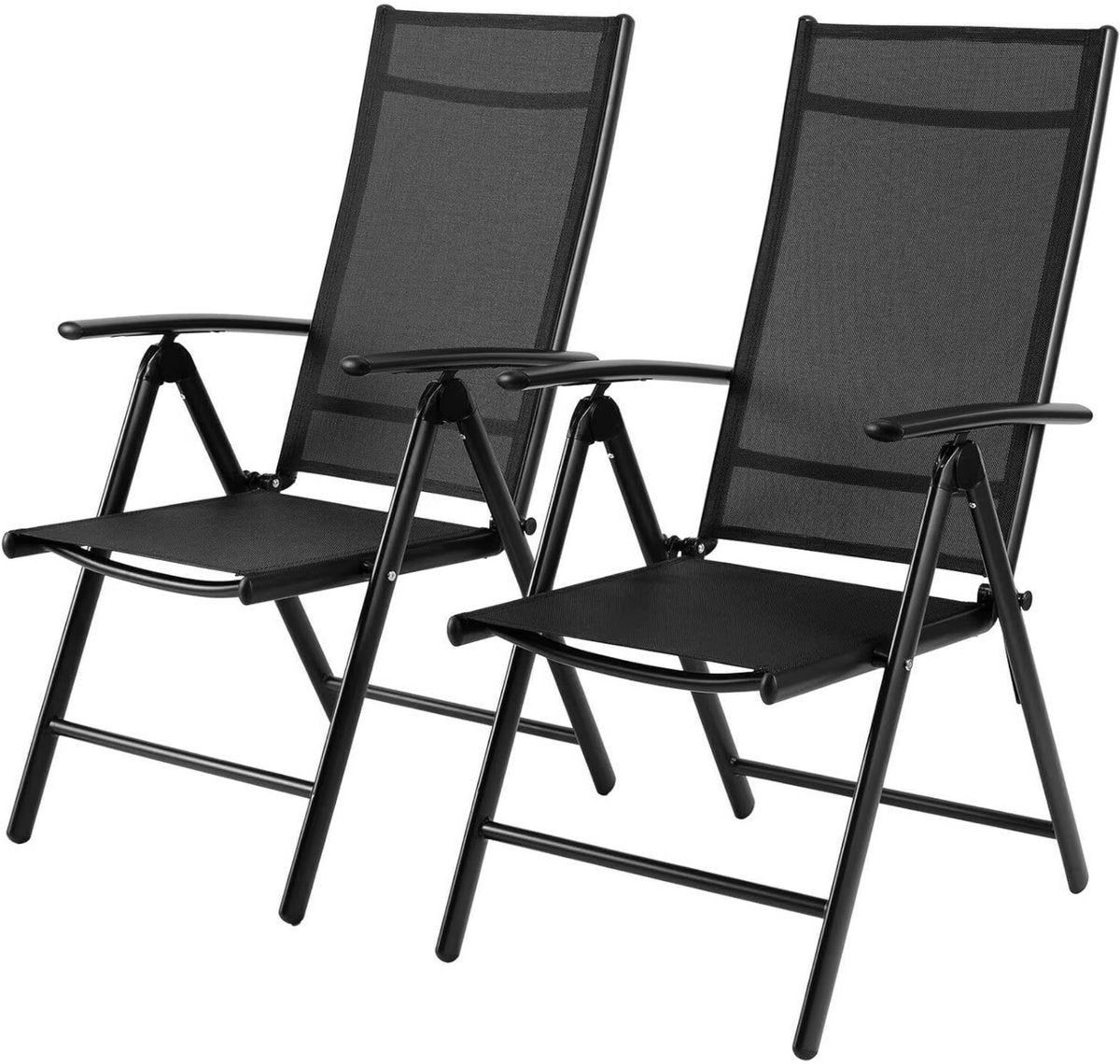Deluxe Tuinstoelen - Tuinmeubels - Voor Tuin, Balkon & Camping - Hoge Rug, 7-Way Verstelbaar met Armleuningen - Duurzaam Aluminium & Ademend - 2 stuks - Zwart