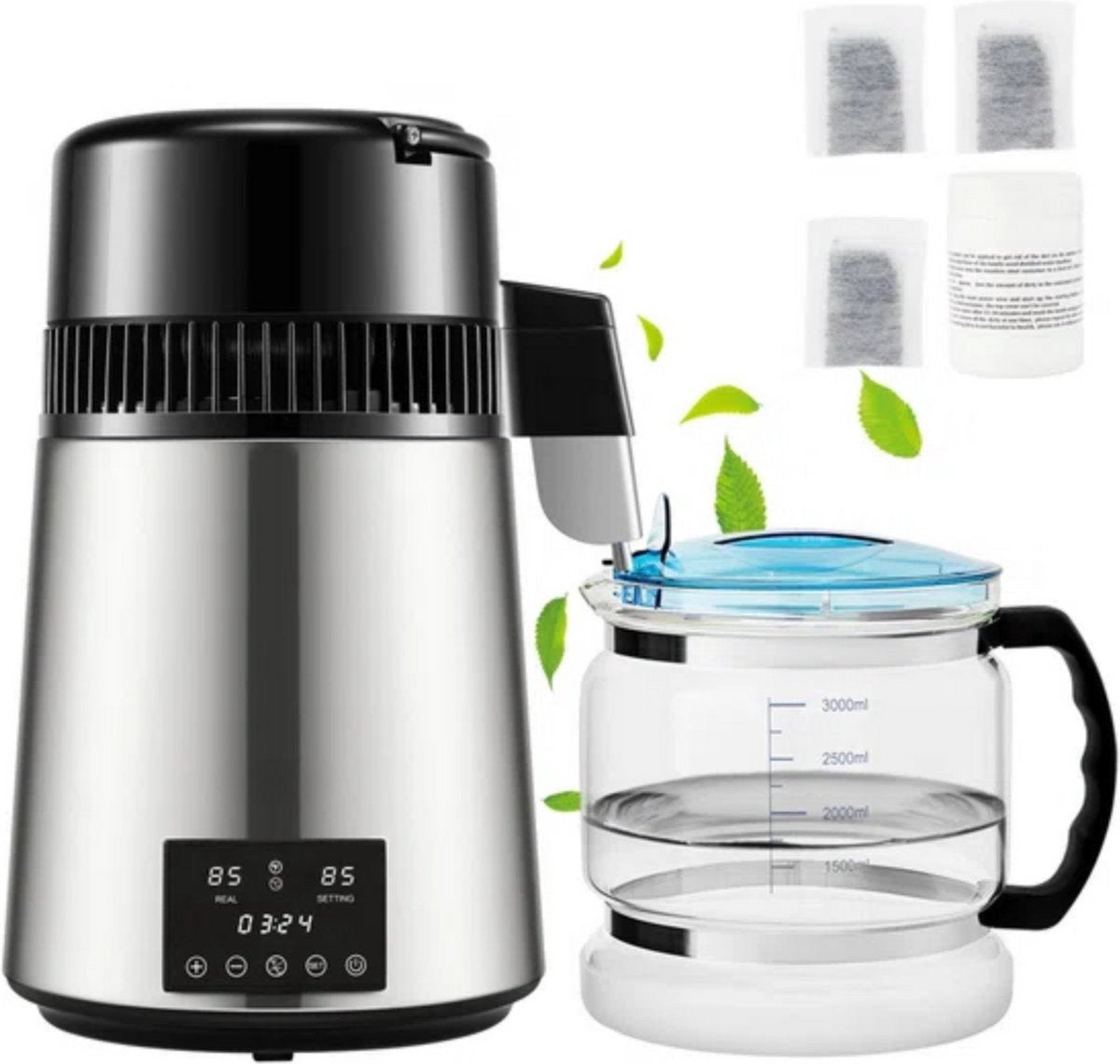 Waterdestilleerder Deluxe - Destilleerapparaat - RVS - Water Destilleren - met 4L Glazen waterkan