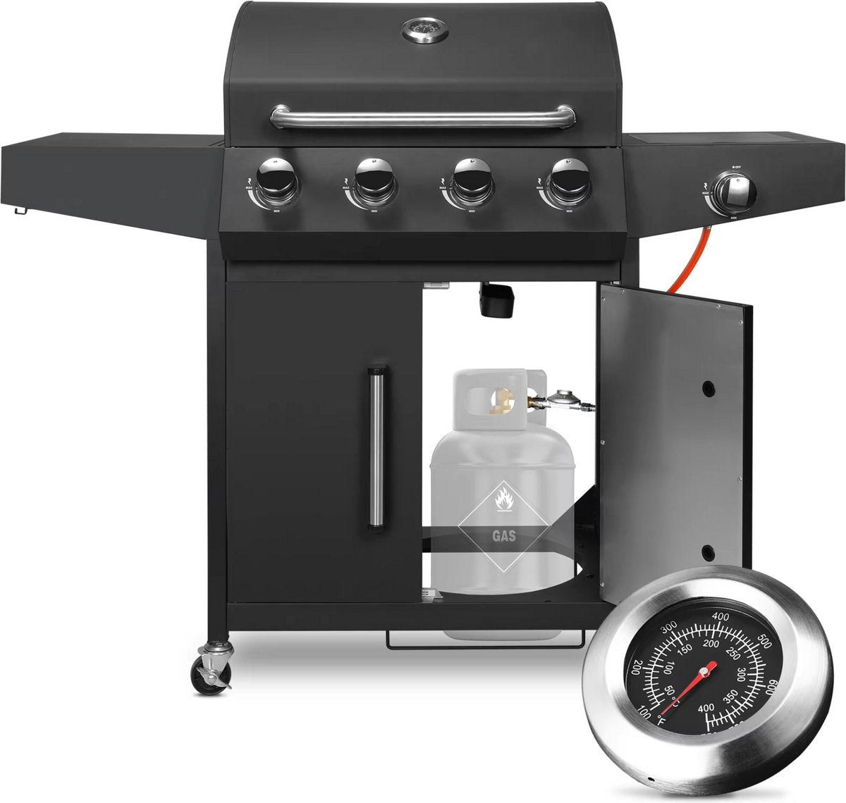 BBQ 5 in 1 - Barbecue op gas - Zwart - Thermostaat - Olievanger accessoires - Gasgrill met zijbrander