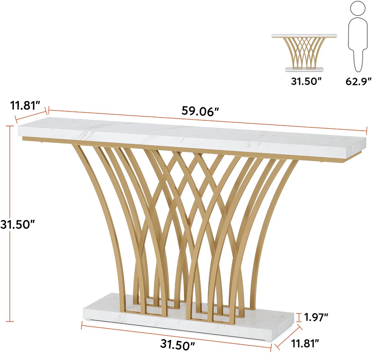 Consoletafel Luxery - 150cm - Sidetafel - Wandtafel - Haltafel - Goud - Marmerlook - Voor Hal of woonkamer of Gang