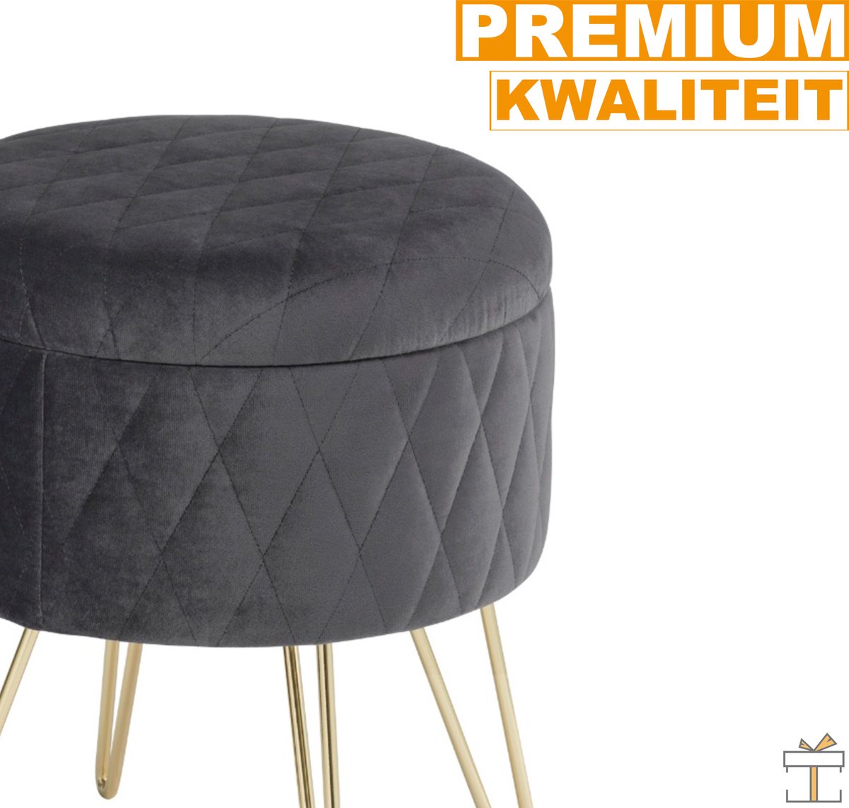 Happyment Luxe Poef - Velvet donkergrijs - Voetenbank met opbergruimte - Opbergbox hocker - Zitkist met deskel - 2in1
