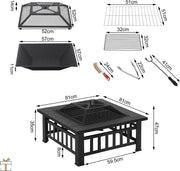 Happyment® Vuurkorf voor buiten - Vuurpit deluxe - BBQ - Met Vonkenscherm - Metaal - 81x81x32,5cm