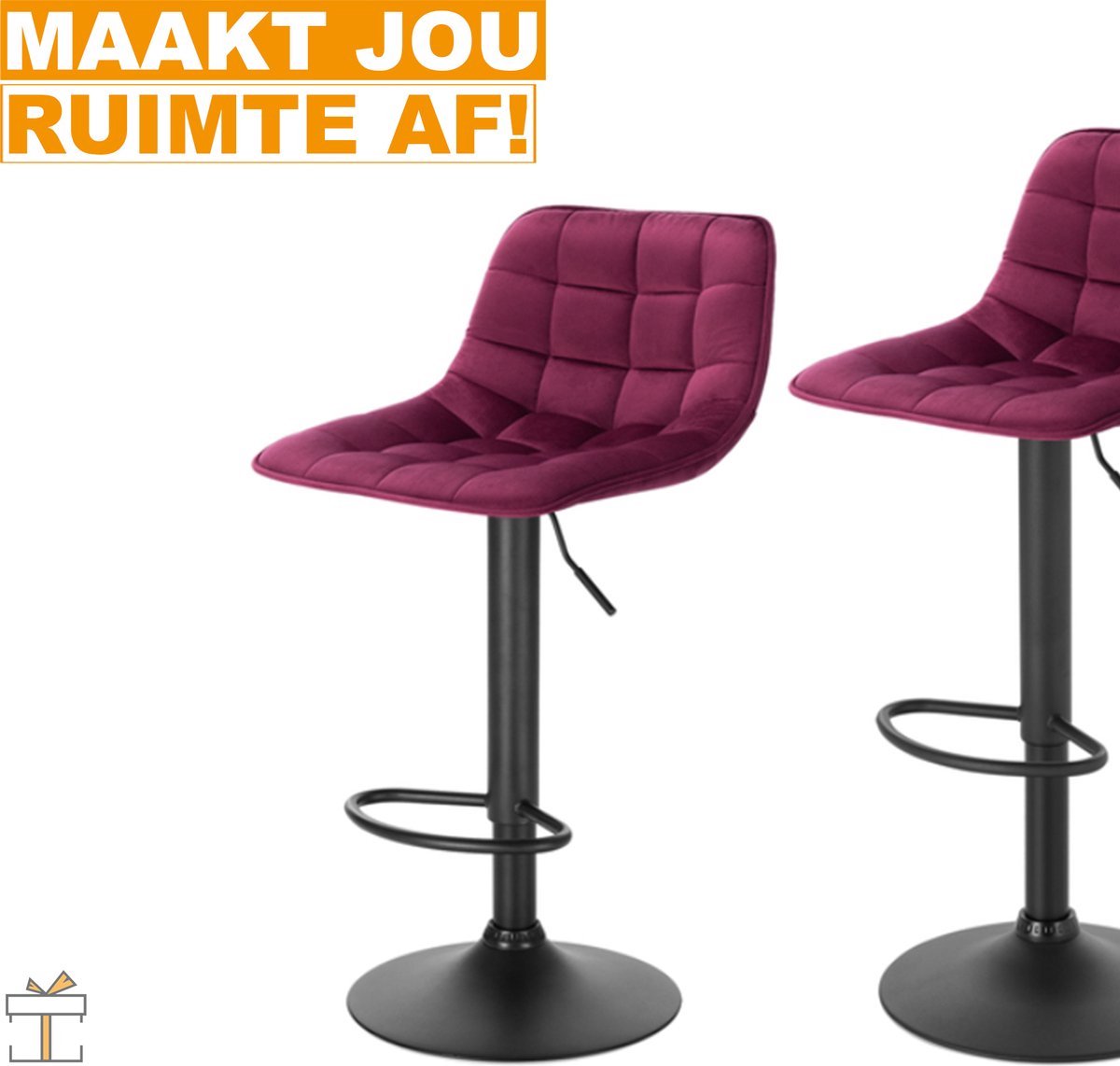 Bolt Edge Velvet Barkrukken - Bordeaux - Ergonomisch - Zithoogte 59-81cm - Set van 2