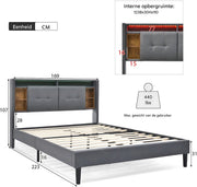 Bed - Tweepersoonsbedden - Tweepersoonsbed - Voor Slaapkamer - Met Opbergruimte, Hoofdeinde met USB-oplaadpunt & LED-verlichting - Bedrek & Houten Lattenbodem - Donkergrijs - 160x200 cm