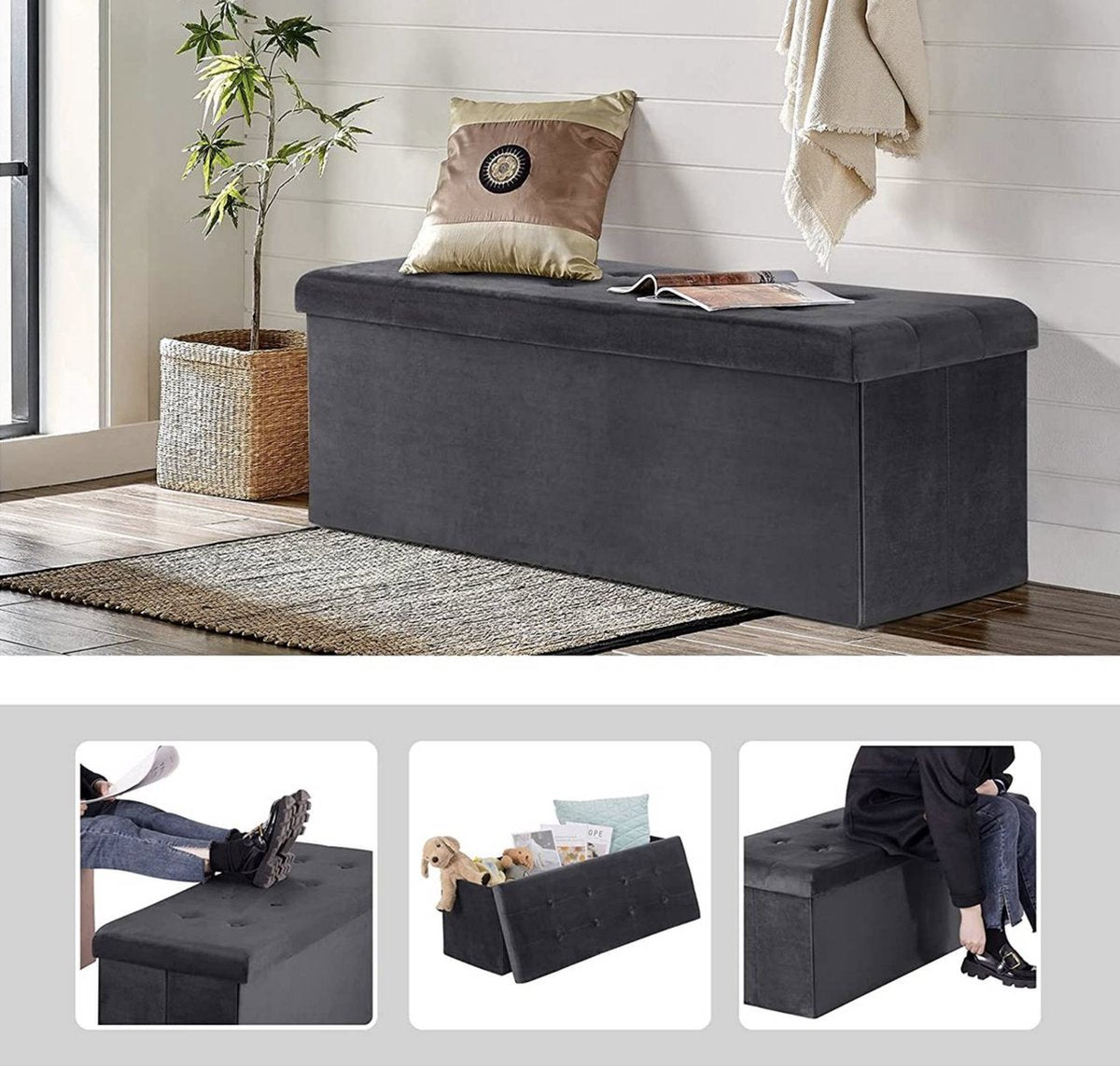 Luxe Opbergbank Delva - Met opbergruimte - Zitbank Poef - Voetenbank - Opbergbox hocker - Zitkist met deskel - Grijs - Velvet - 110x37.5x38cm