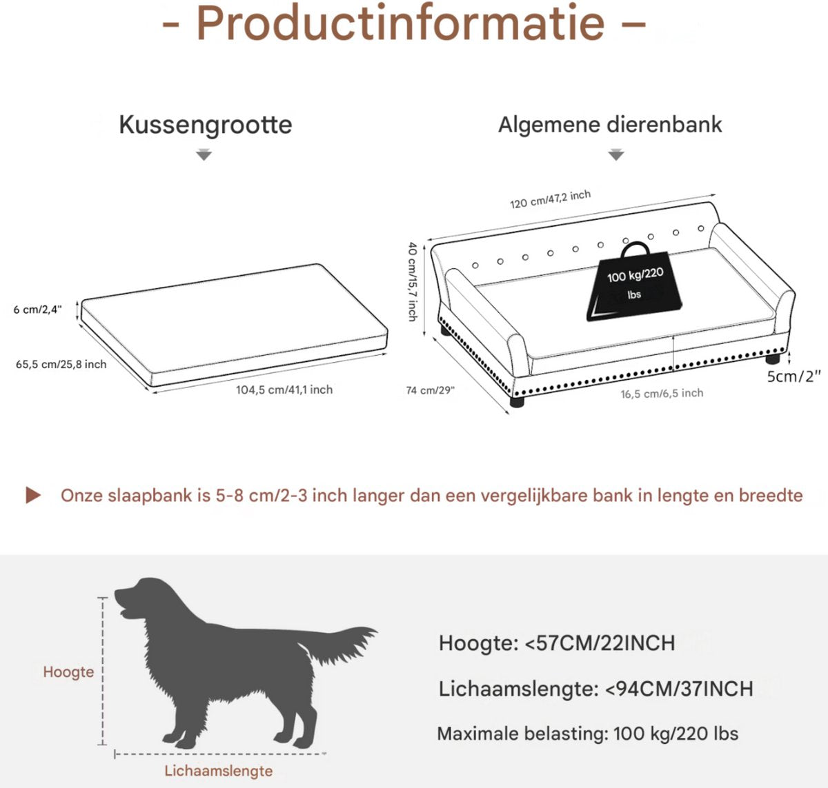 Hondenbank Jerino - Hondensofa op poten - Hondenzetel - Afneembaar kussen - 100cm