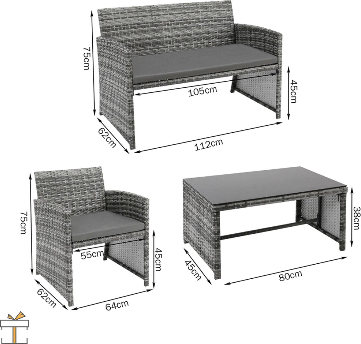 Happyment Tuinset 4 persoons - Wasbare kussens - Tuintafel met stoelen - Tuinsets - Loungeset tuinmeubels