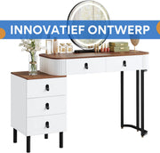 Kaptafel met LED-verlichting - Make-up tafel - Voor Slaapkamer - 3-delige Verstelbare Lichtintensiteit - Inclusief Mobiele Spiegel & Zijkast