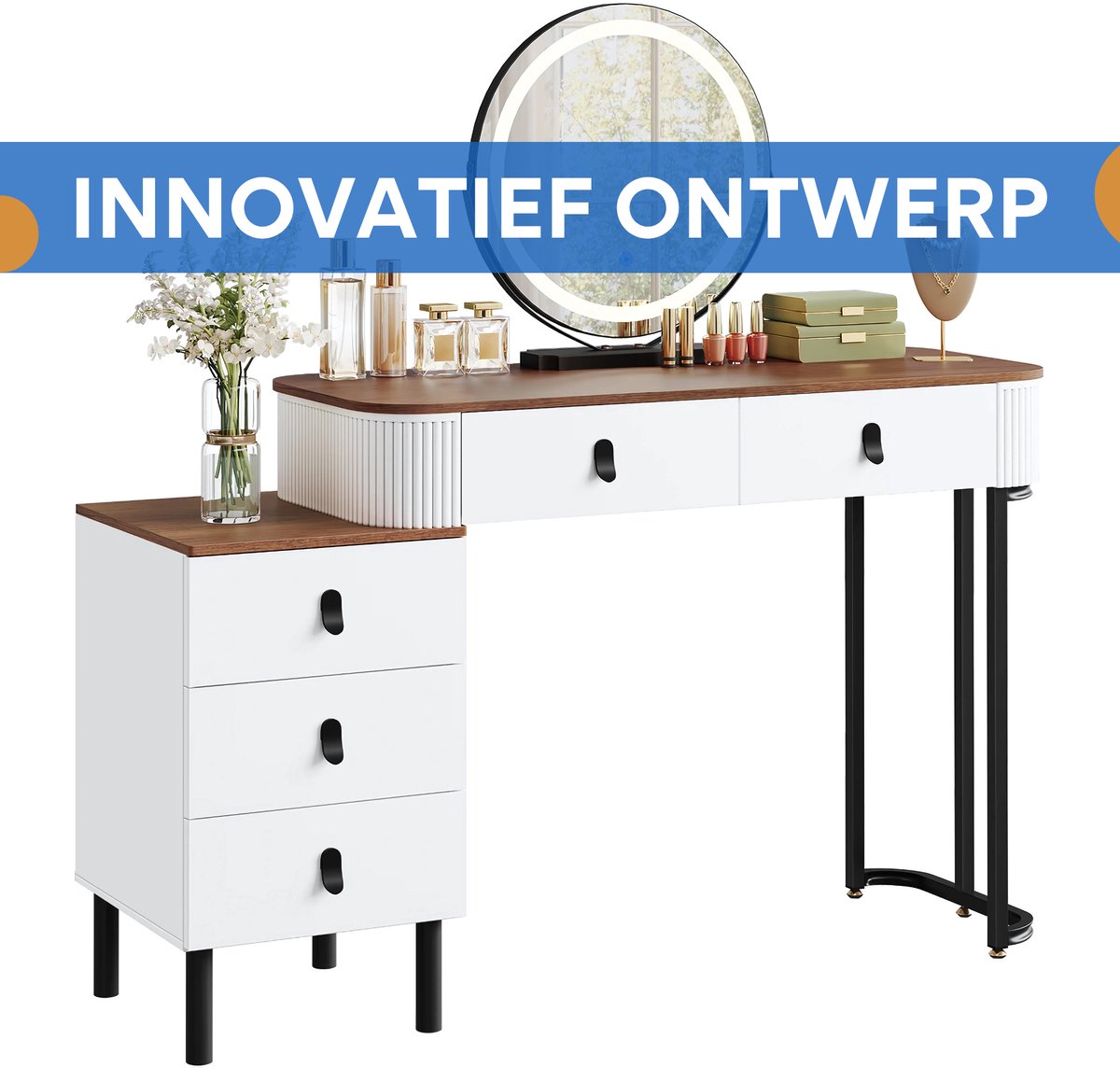 Kaptafel met LED-verlichting - Make-up tafel - Voor Slaapkamer - 3-delige Verstelbare Lichtintensiteit - Inclusief Mobiele Spiegel & Zijkast