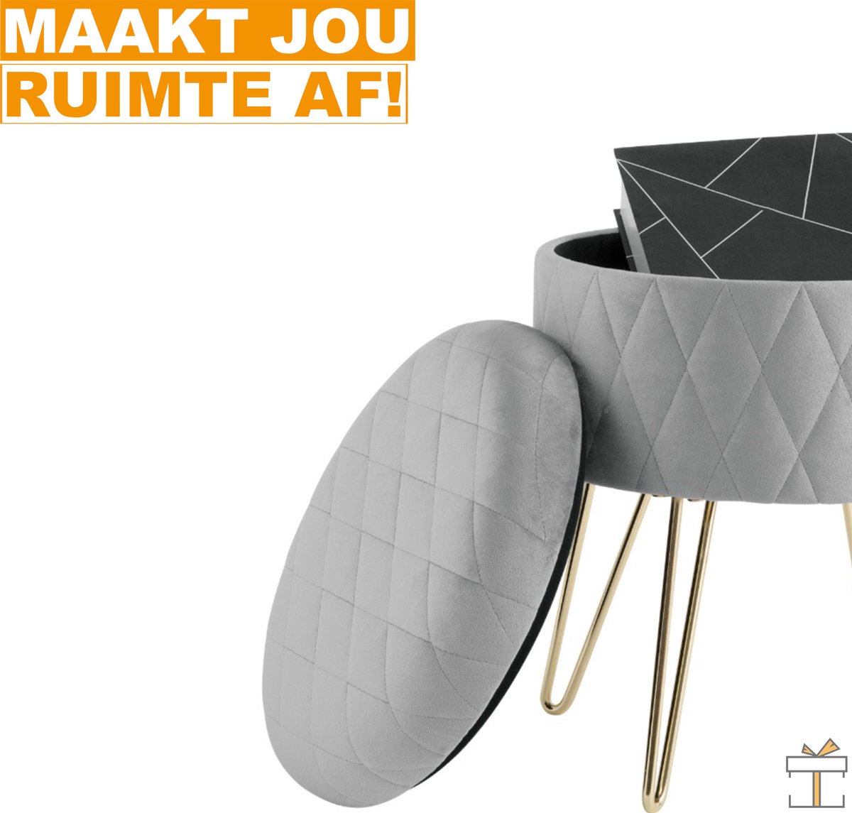 Happyment Luxe Poef Velvet - Grijs - Zitkist met deskel - Voetenbank met opbergruimte - Opbergbox hocker - 2in1