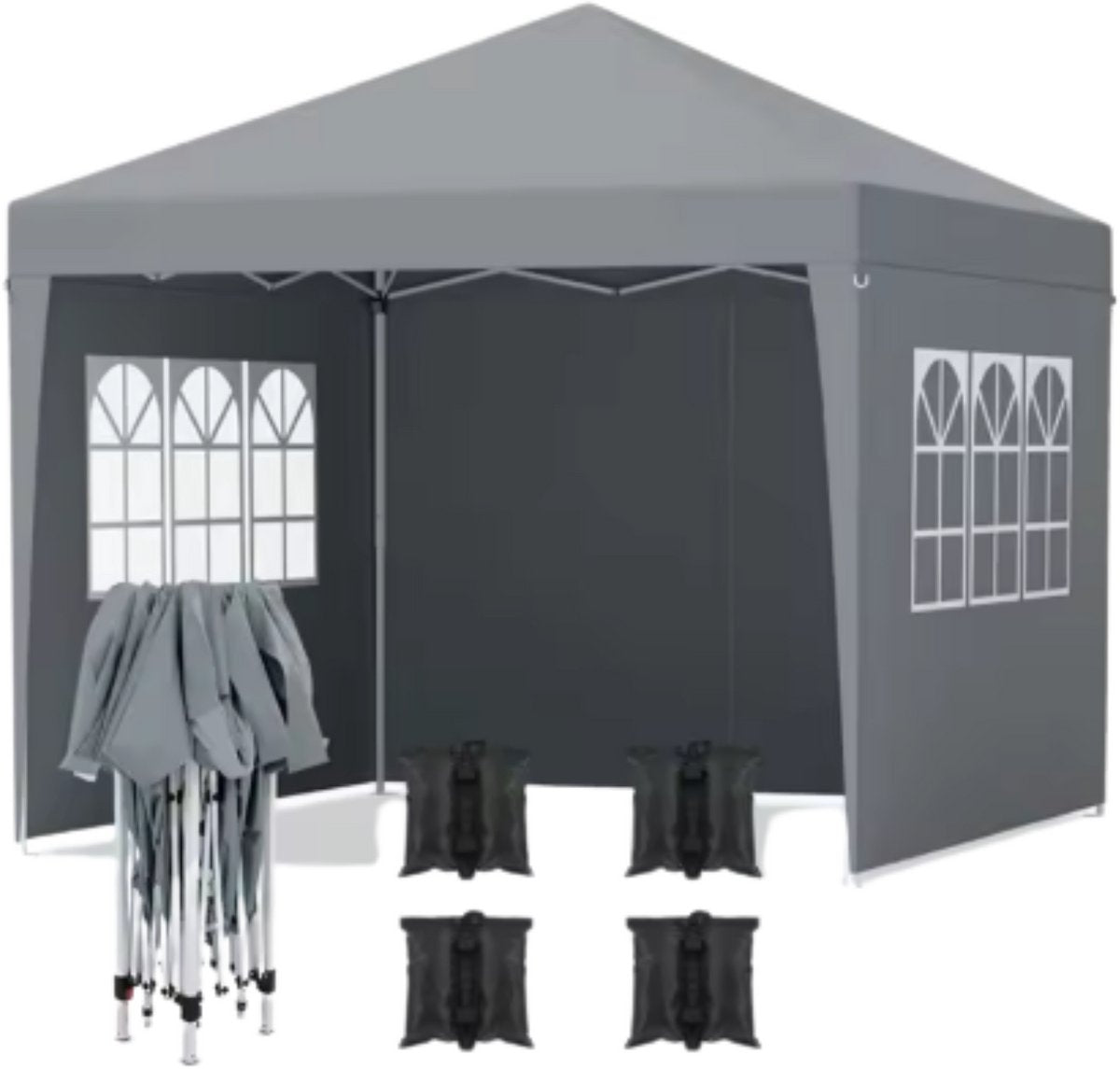 Partytent met zijwanden - 300x300cm - Feesttent - Opvouwbaar - Donkergrijs - Easy up - Paviljoen - Waterdicht weerbestendig - In hoogte verstelbaar
