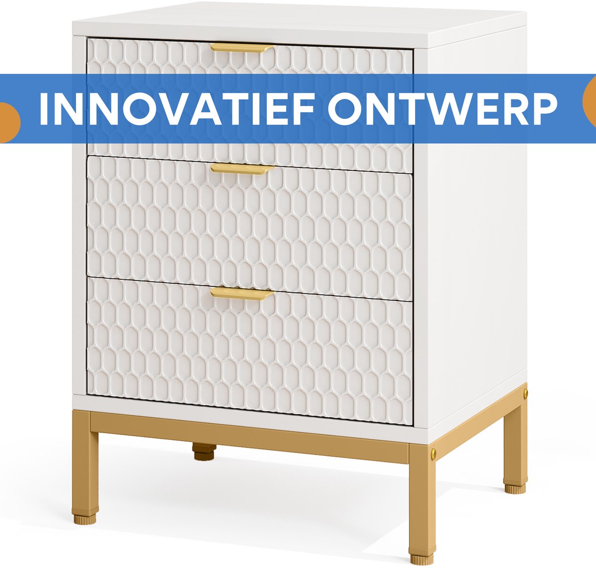 Modern nachtkastje - Voor Slaapkamer - 65cm hoog - 3 lades - Wit