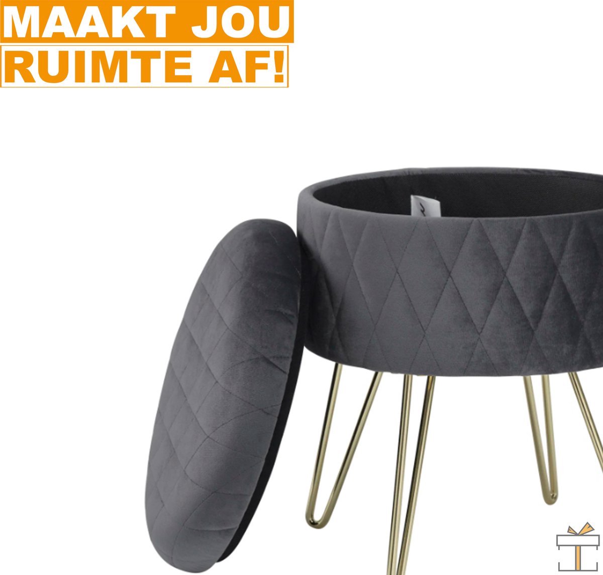 Luxe Poef - Velvet - Donkergrijs - Met opbergruimte - 2-in-1 design