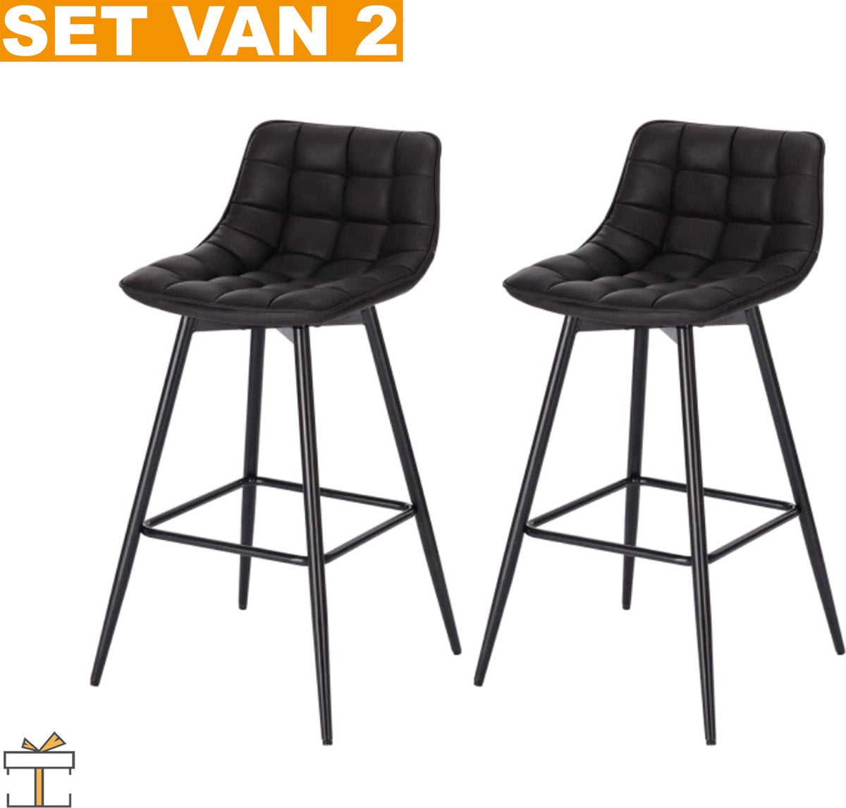 Happyment Leren barkrukken met rugleuning - Set van 2 - Ergonomisch - Keuken - barstoelen - Industrieel/Modern - Zwart - 43x35x88cm