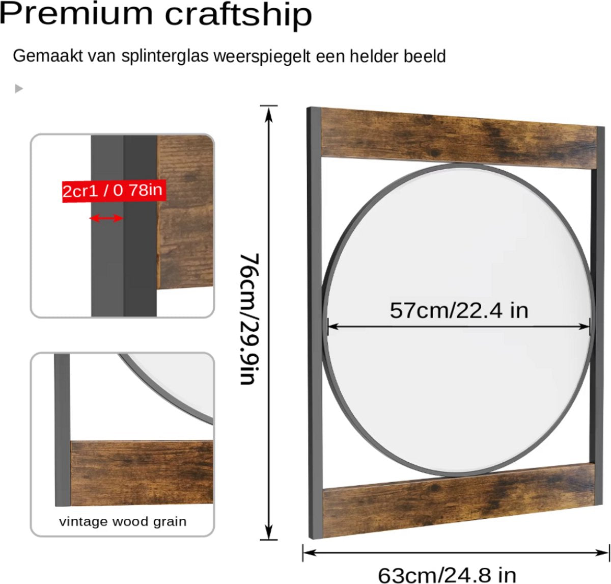 Wandspiegel Aurelio - Grote Rechthoekige Spiegel - Houten & Metalen Frame - Industrieel Design - Voor Badkamer, Woonkamer & Entree