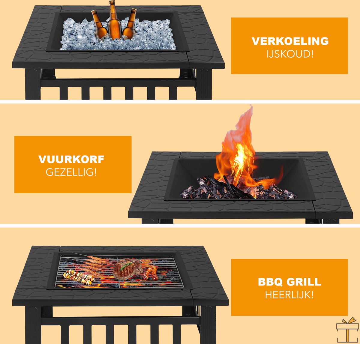 Happyment® Vuurkorf voor buiten - Vuurpit deluxe - BBQ - Met Vonkenscherm - Metaal - 81x81x32,5cm