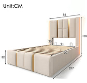 Bed - Eenpersoonsbedden - Voor Slaapkamer of Jeugdkamer - Met USB-C Oplaadfunctie, LED-verlichting & App-bediening - Opbergruimte, Lattenbodem & Beige Linnen - 90x200 cm