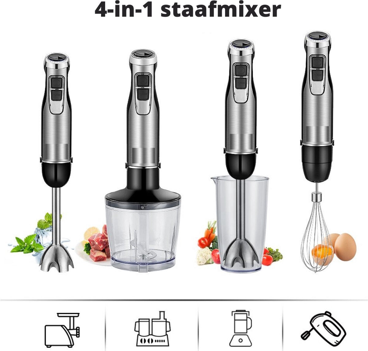 Happyment 4-in-1 Staafmixer Set - Hakmolen - Hand Blender - 6 snelheden - 1200W - Incl. Accessoires