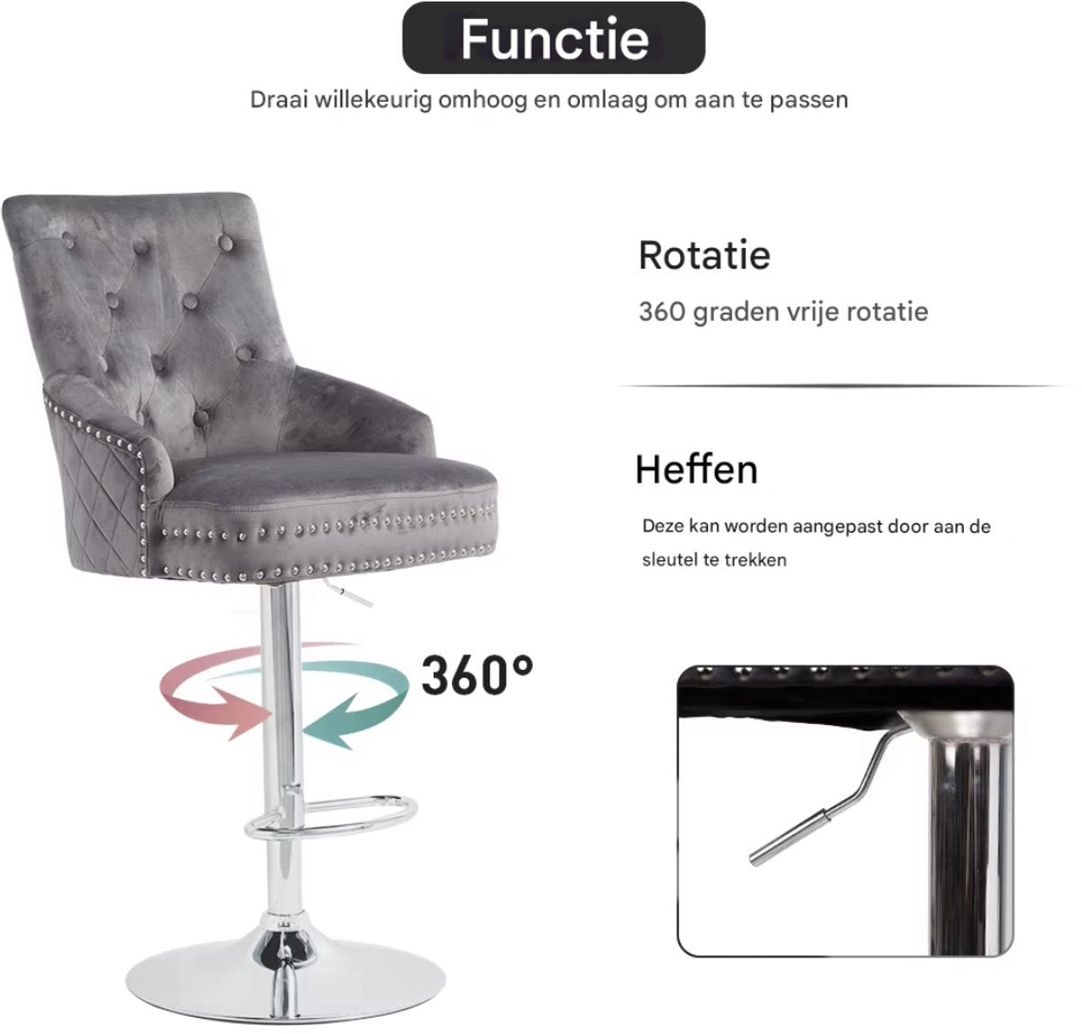 Barkrukken Luxe Valora - Set van 2 - Met rugleuning - Zwart - Velvet - Verstelbaar - Voor Keuken, Bar of woonkamer - Draaibaar
