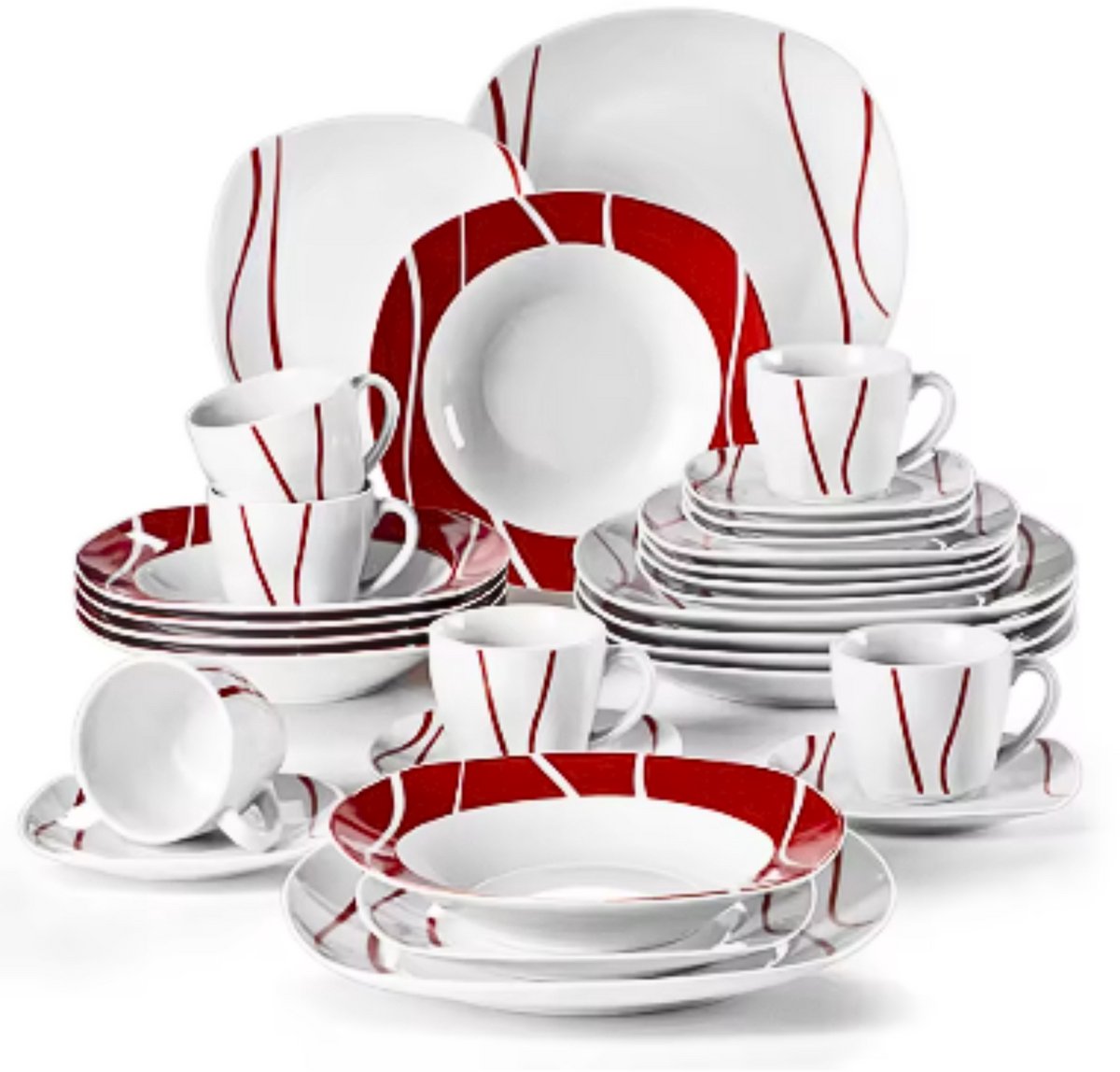 Lavish Serviesset – 6 persoons – 30 delig – Rood wit Keramisch – Dinerborden – Ontbijtborden