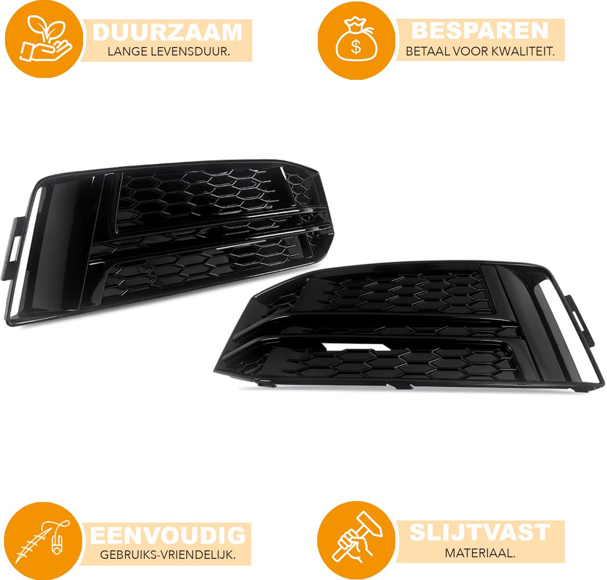 Mistlamp Grille Cover - Voor Audi A4/S4 B9 S-Line (2016-2018)- Zwart Honingraat - Gloss Zwart