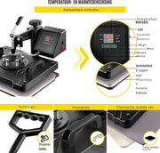Warmte persmachine - 5 in1 - Hittepers - T-shirt - Transferpers voor Bedrukking - Stalen frame