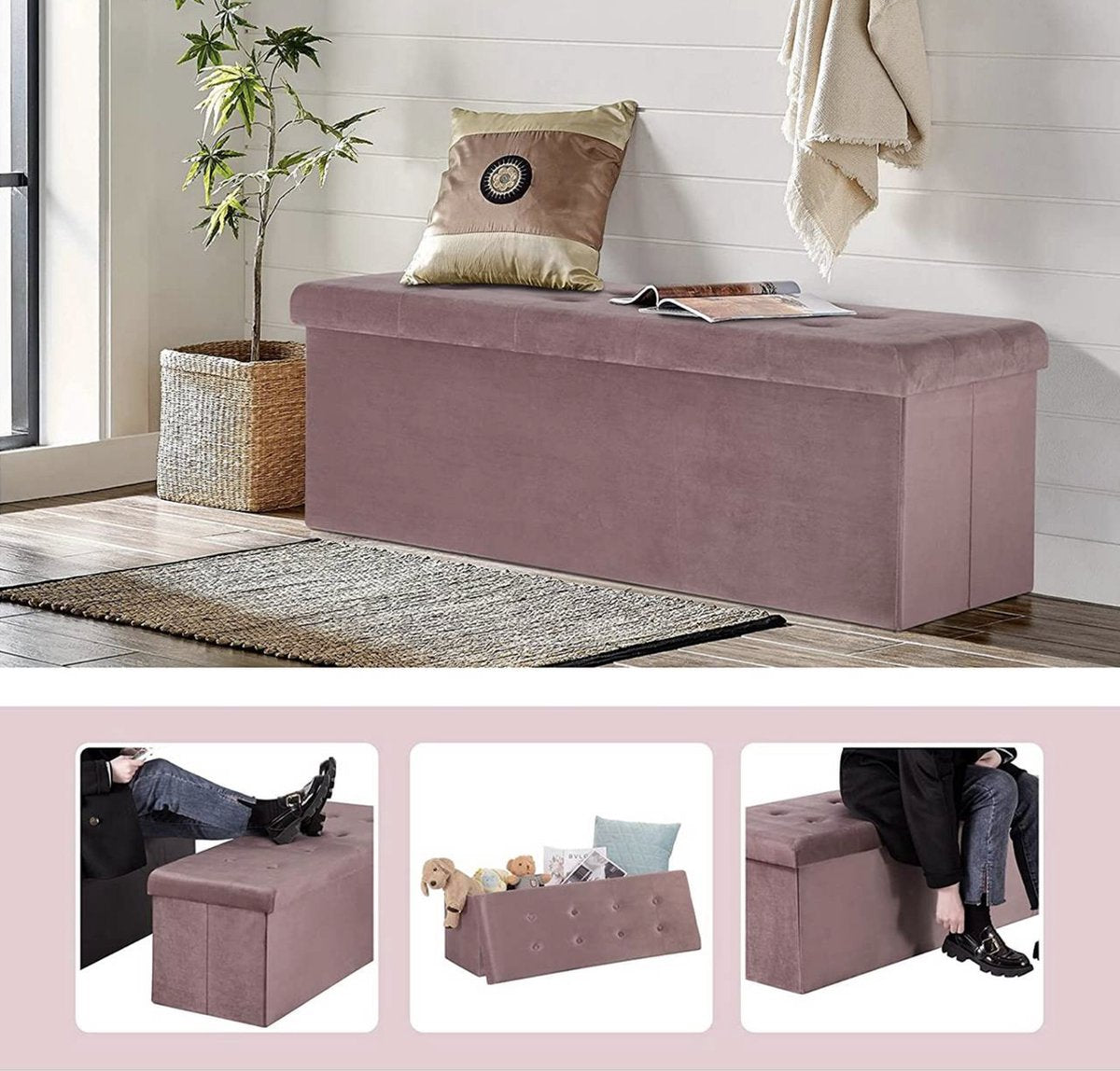 Luxe Opbergbank Diva - Met opbergruimte - Zitbank Poef - Voetenbank - Opbergbox hocker - Zitkist met deskel - Roze - Velvet - 110x37.5x38cm