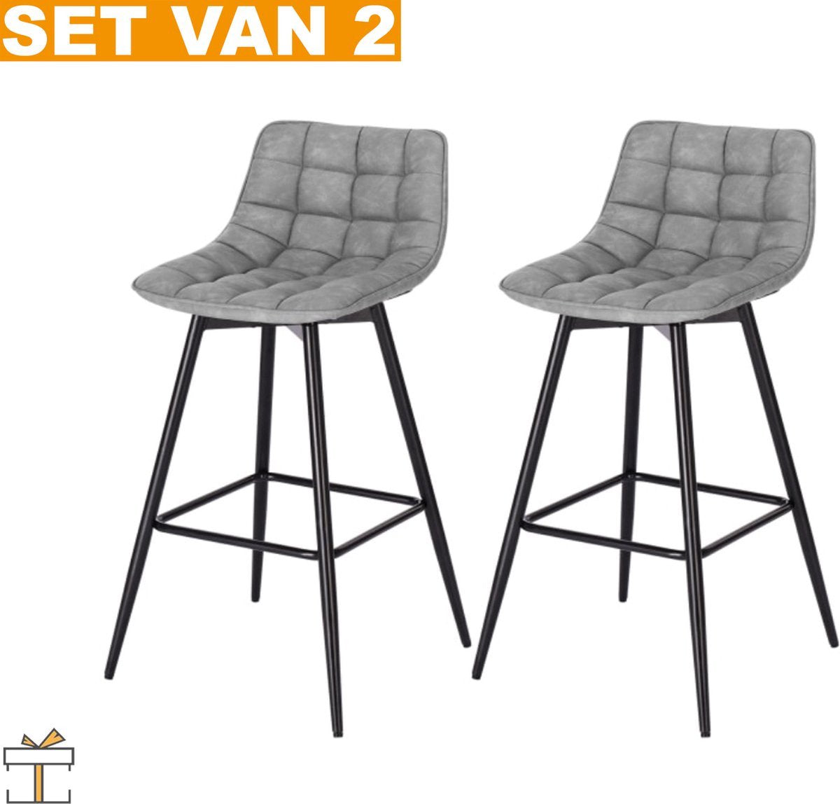 Leren Barkrukken - Grijs - Rugleuning - Industrieel - 43x35x88cm - Set van 2