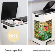Pedaalemmer 2 vakken - 60L - Prullenbak - Afvalscheiding - RVS - Softclose - Anti-slip - Wit