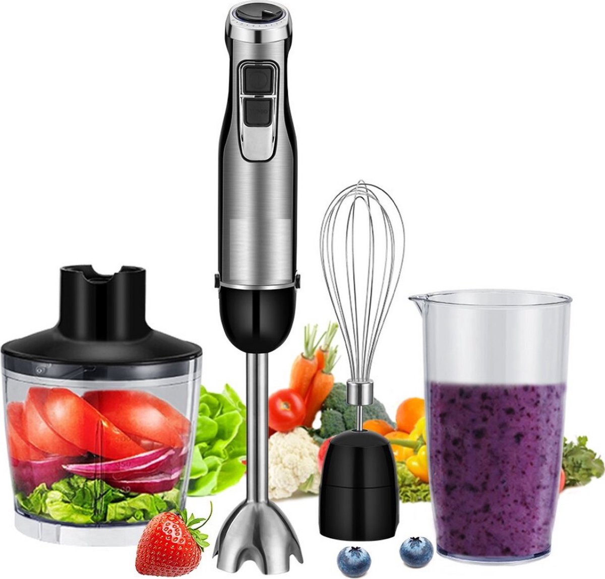 Happyment 4-in-1 Staafmixer Set - Hakmolen - Hand Blender - 6 snelheden - 1200W - Incl. Accessoires