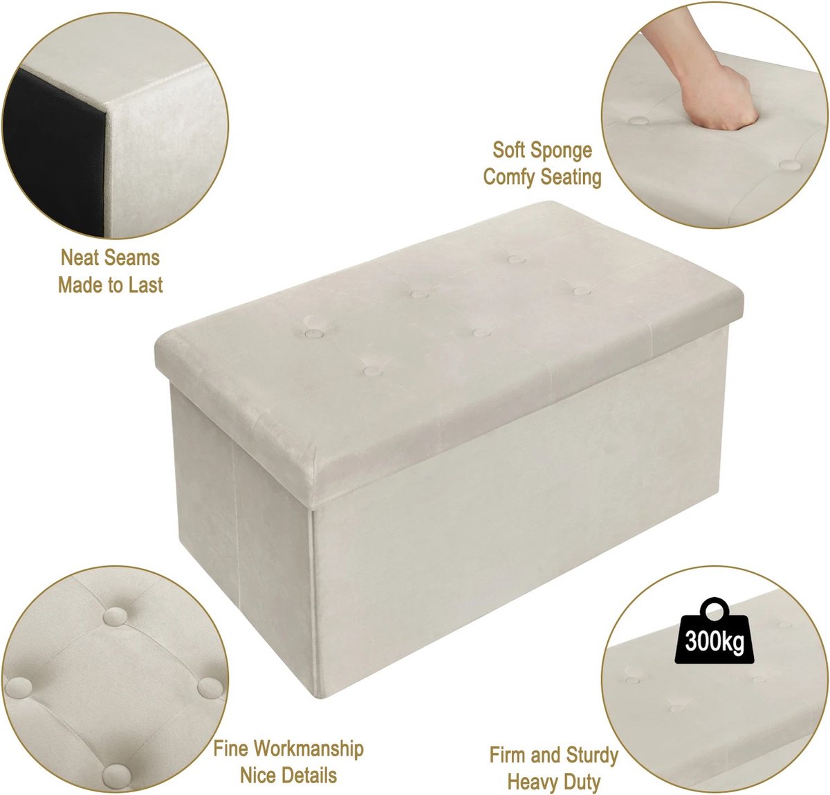Collox Voetenbankje - Voetenkrukje - Opslagbankje - Poef - Bankje - Opbergdoos - Met afneembare deksel - Zitting gestoffeerd - Opvouwbaar - Donker grijs - 76x38x38 cm - Capaciteit 80 L