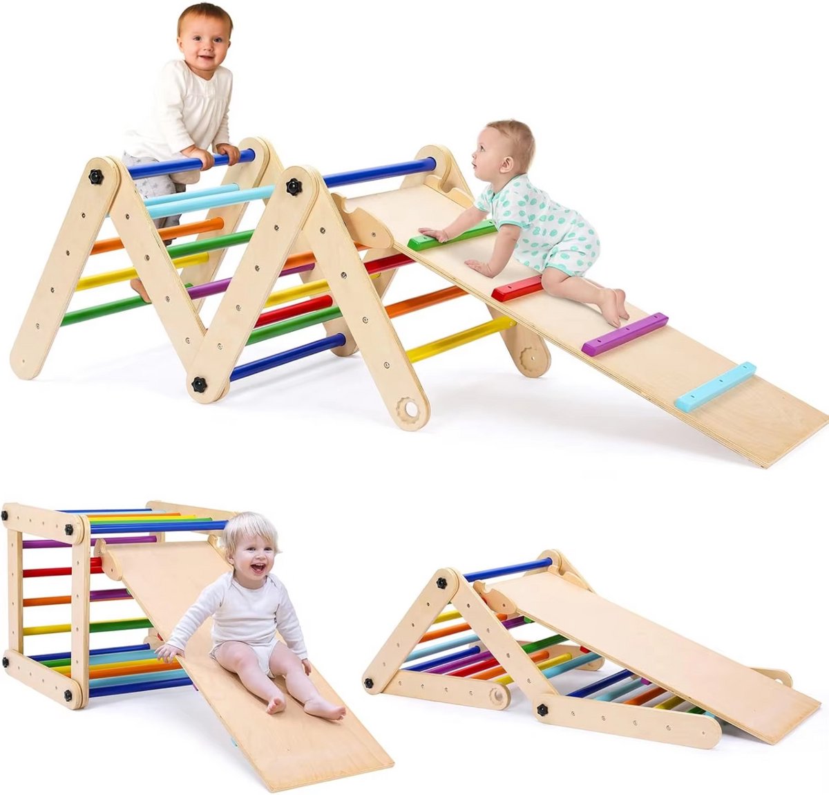 3-in-1 opvouwbaar driehoekig klimspeelgoed - Buitenspeelgoed - Voor kinderen, speelgym, klimmer en rocker - Binnenklimtoestel met oprit - Houtlook