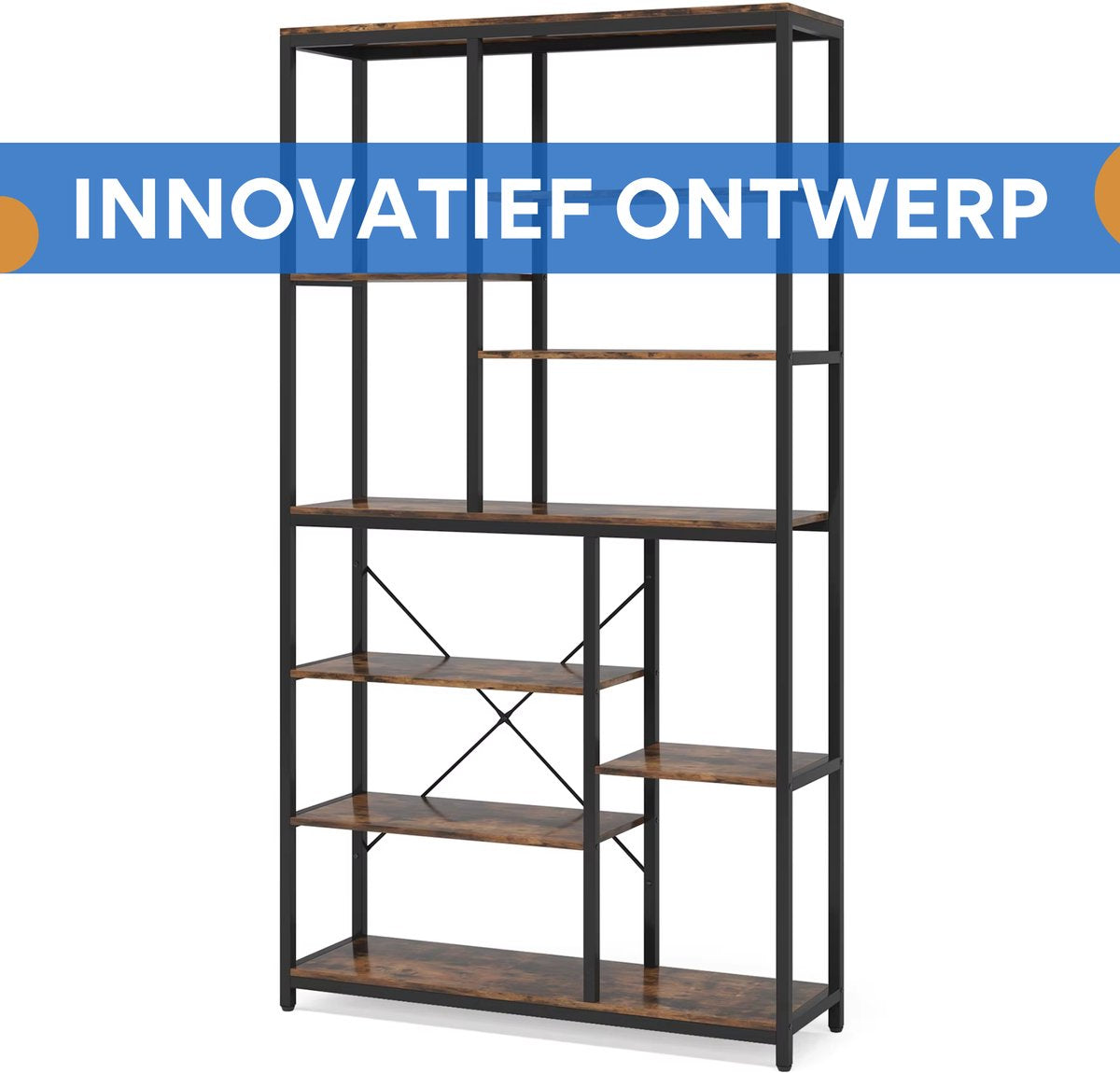 Boekenkast industrieel - Voor woonkamer, slaapkamer of kantoor - Opbergkast - 200cm - Vakkenkast - Bruin