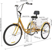 Driewieler voor volwassenen - 6 versnellingen - Fiets voor senioren - 24 Inch - Met mand - Voorrem - Geel