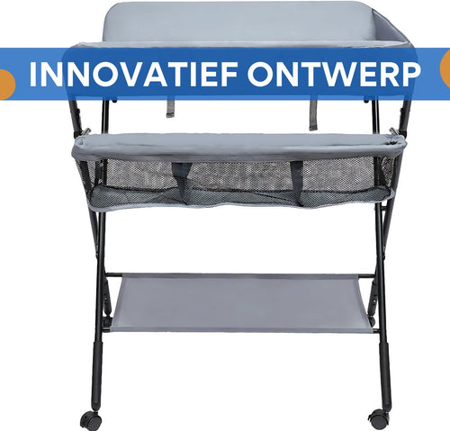 Babycommode - Commodekast - Verzorgingstafel - Voor 0-1 Jaar Baby’s - Verstelbare Hoogte en Opvouwbaar - Met Wielen en Opbergruimte - 25 kg Capaciteit - 80x63x96 cm - Grijs