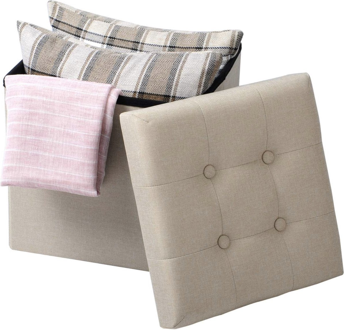 Happyment Poef Creme - Met opbergruimte - Opbergbank Poef - Voetenbank - Opbergbox hocker - Zitkist met deskel - Stof - 50x35x45cm