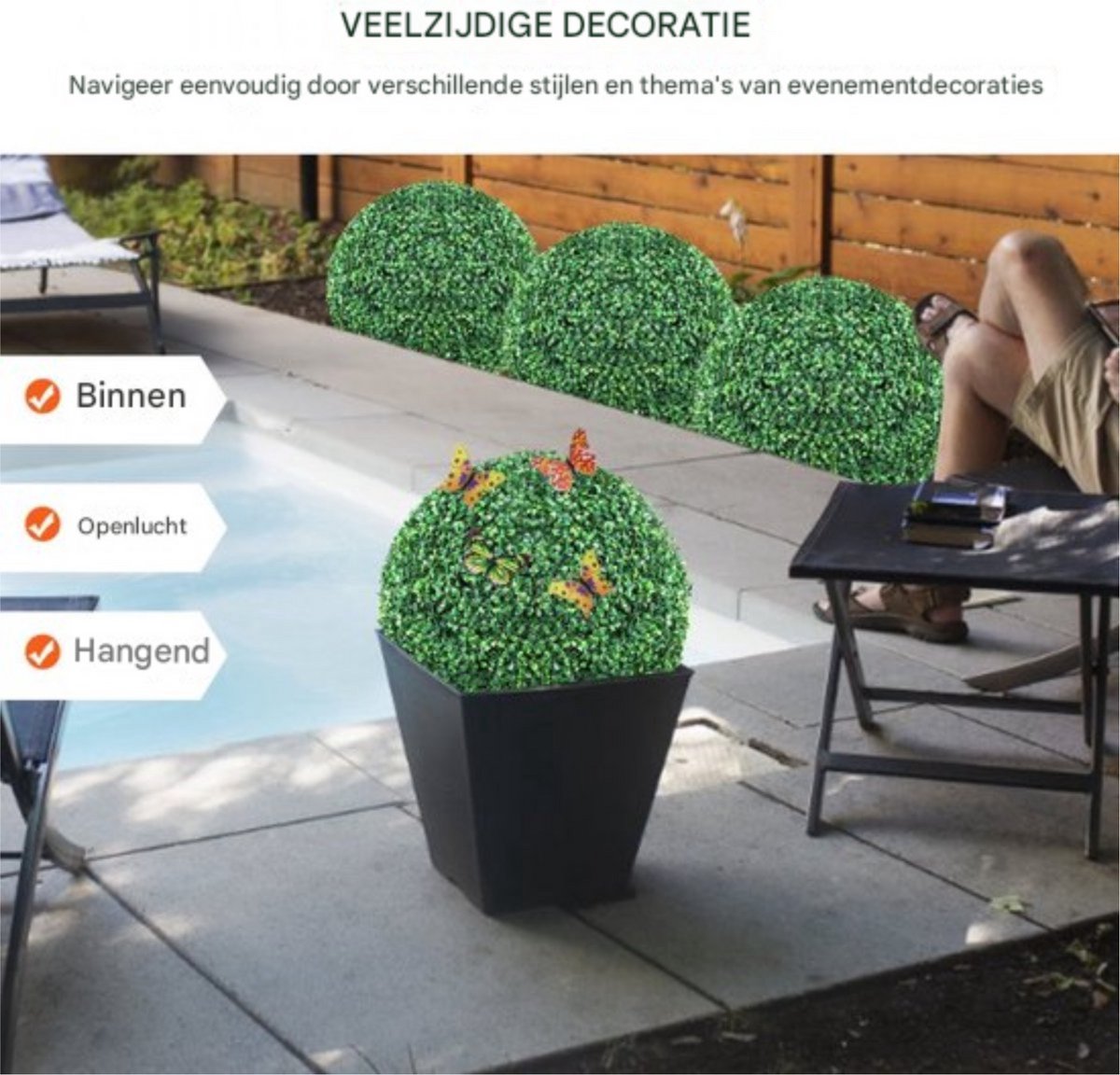 Kunstbuxusballen - Kunstplant - Decoratieplant - Set van 2 - Ø40,6 cm - Incl. Vlinders & Bladeren - Voor Binnen & Buiten & Decoratie