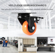 Set van 4 Zwenkwielen - Professioneel - 18CM hoog - Dubbele vergrendeling - PVC - Inclusief montagemateriaal