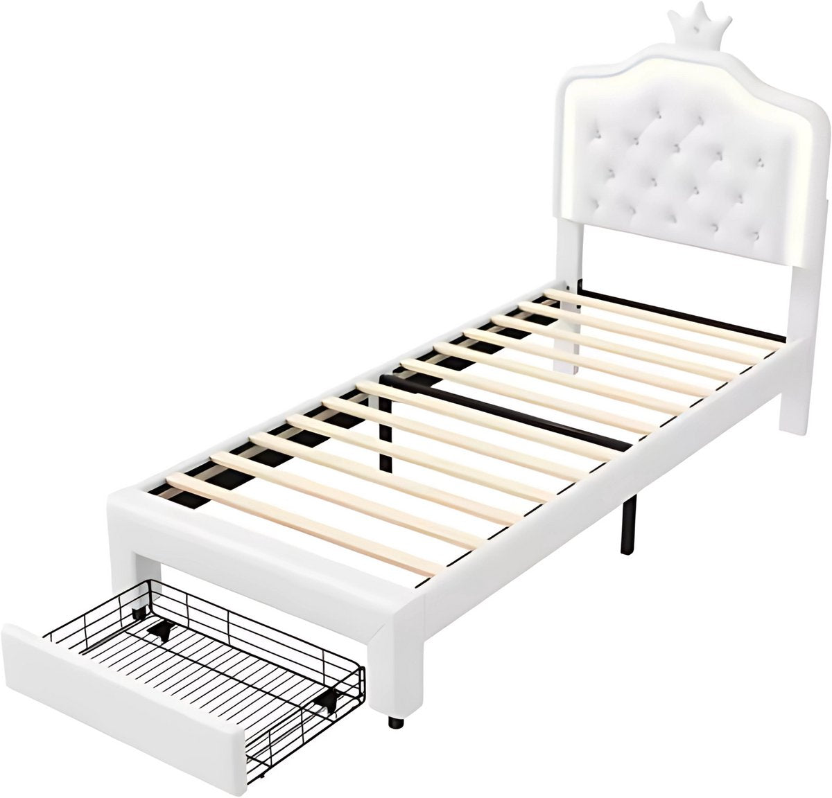 Kinderbed voor meisjes - 90x200cm - Gestoffeerd bed met 1 lade - LED-verlichting en rugleuning - Eenpersoonsbed