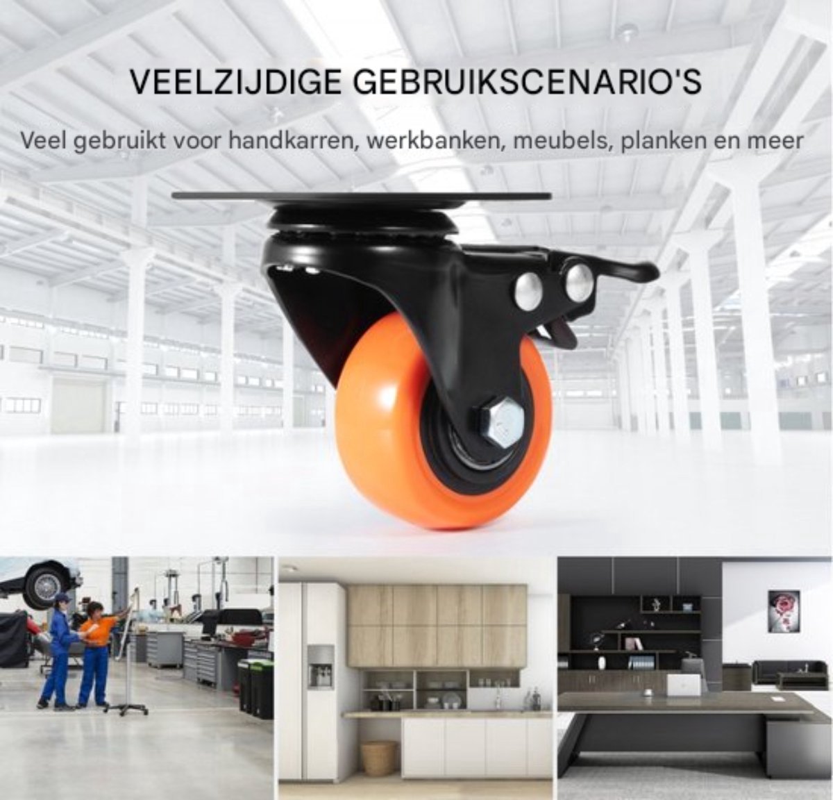 Professionele Zwenkwielen - 10CM hoog - Set van 4 - PVC - Dubbele vergrendeling - Inclusief montagemateriaal