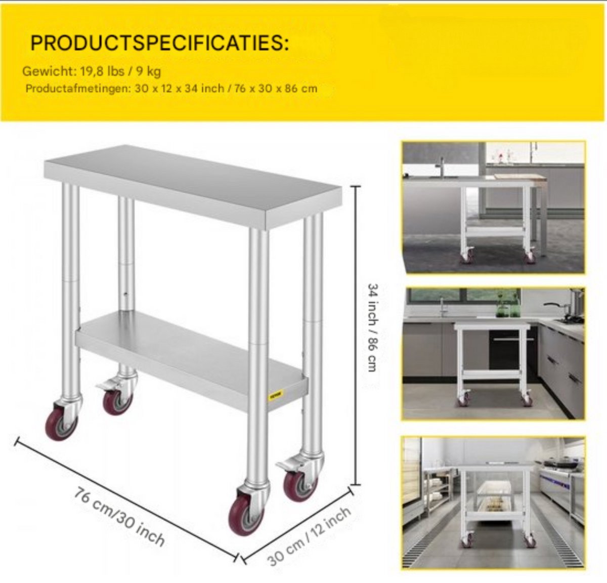Keukentafel horeca - RVS - Werktafel met wielen - Bijzettafel verplaatsbaar - Keukeneiland - 76 x 30 x 86 cm