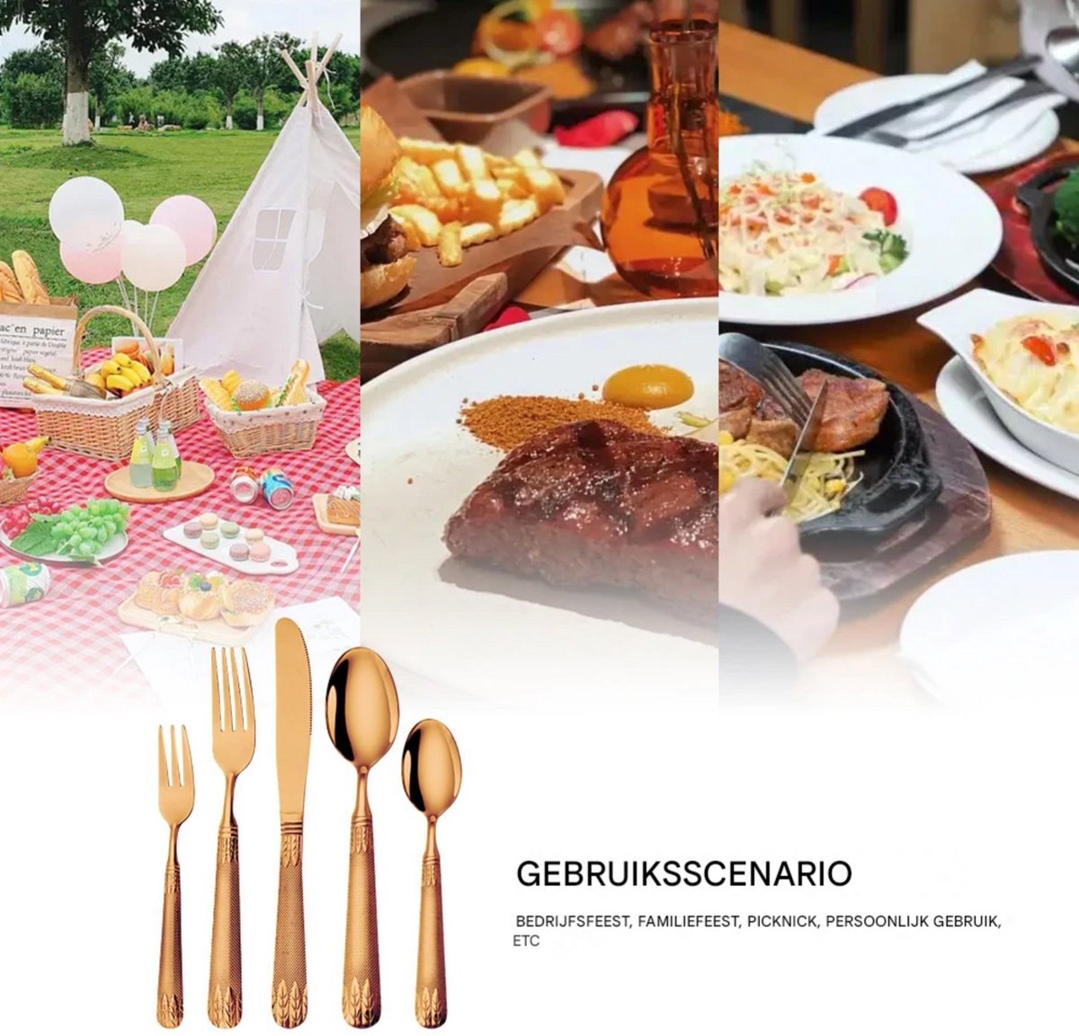 20-delig Bestekset - Bestek - Messen, Vorken, Lepels, Theevorken en Theelepels - Voor Diner en Feestelijke Gelegenheden - Roestvrij Staal - Goudkleurig