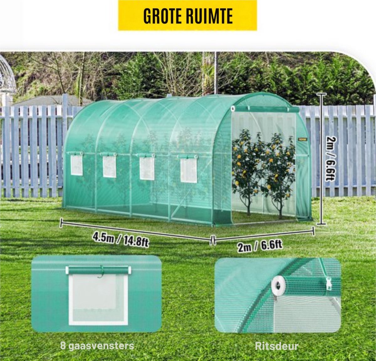 Tuinkas - Inlooptunnelkas Groen - 5x2x2 m - Met Gegalvaniseerd Waterdicht Frame