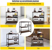 Bar trolley op wieltjes - Drankjes Trolley -Serveerwagen - 3 bladen plateaus - Theewagen hout - 100 kg Laadvermogen