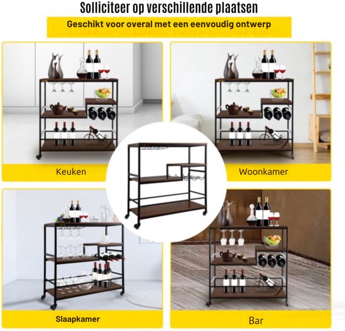 Bar trolley op wieltjes - Drankjes Trolley -Serveerwagen - 3 bladen plateaus - Theewagen hout - 100 kg Laadvermogen